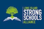 blue background with a lime green tree on the left that has an open book in front of it. On the right is the text for long island strong schools in lime green and white